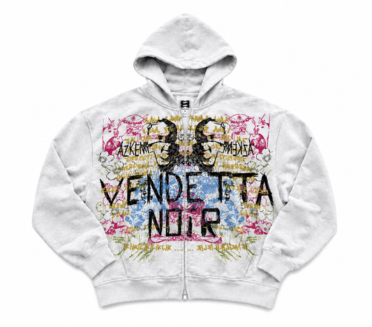 A white zip-up hoodie with a colorful graphic print on the front featuring the text '36 Vendetta Noir' in black over a pink, blue, and yellow graffiti-style background.